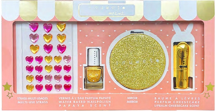 Набор - Inuwet Mini Coffret Glitter Girl Gold (lip/balm/3.5g + nail/polish/5ml + mirror/1pc + strass/1pc) — фото N1