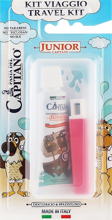 Набір з рожевою щіткою - Pasta Del Capitano Junior Travel Kit 6+ Soft (toothpast/25ml + toothbrush/1pc) — фото N1