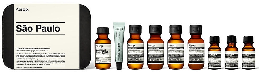 Набір - Aesop Sao Paulo Travel Essentials Kit (shm/50ml + cond/50ml + sh/gel/50ml + balm/50ml + m/wash/50ml +t/paste/10ml + toner/15ml + serum/15ml)