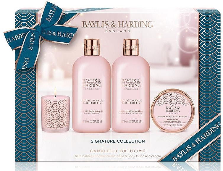 Набор - Baylis & Harding Signature Collection Jojoba, Vanilla & Almond Oil (sh/cr/300ml + h/b/lot/50ml + b/bubble/300ml + candle/60g) — фото N1