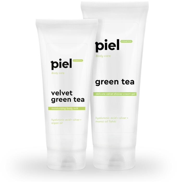 Набір "Очищення і догляд за шкірою тіла" - Piel Cosmetics Velvet Green Tea Set (sh/gel/250ml + b/milk/200ml) — фото N1