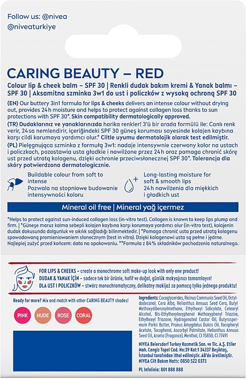 Помада для губ і щік - Nivea Caring Beauty Lip & Chick SPF30 — фото N2