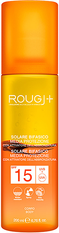 Двухфазный лосьон для загара SPF 15 - Rougj+ Two-Phase Sun Lotion Medium Protection With Tanning Activator SPF 15 — фото N2