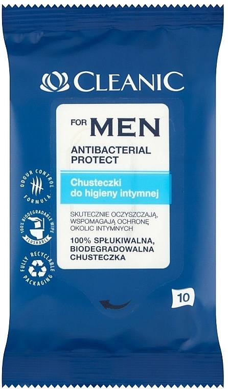 Чоловічі антибактеріальні серветки для інтимної гігієни, 10шт. - Cleanic Antibacterial Protect For Men Wipes — фото N1
