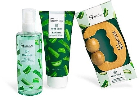 Набор - IDC Institute Aloe Vera Massage Gift Set (b/oil/250 ml + b/lot/200 ml + roller/1 pcs) — фото N2