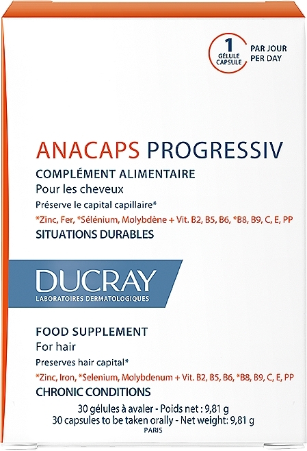 Пищевая добавка против выпадения волос - Ducray Anacaps Progressiv Anti Chute Capsule — фото N1