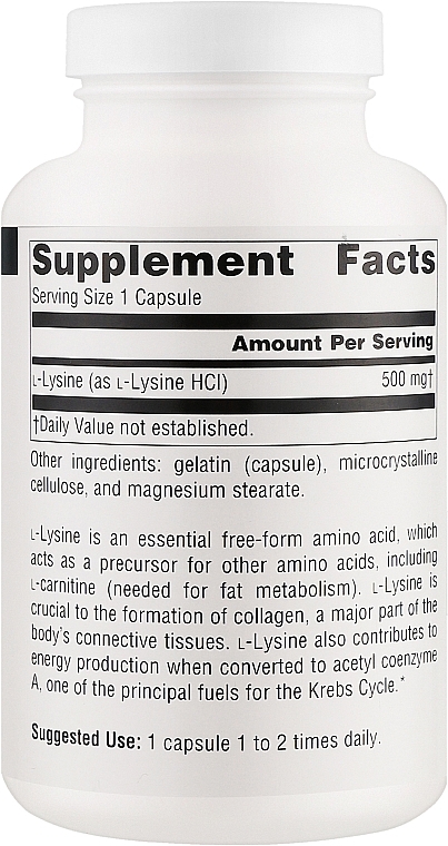 Диетическая добавка "L-Lysine" 500 мг, капсулы - Source Naturals L-Lysine 500mg — фото N2