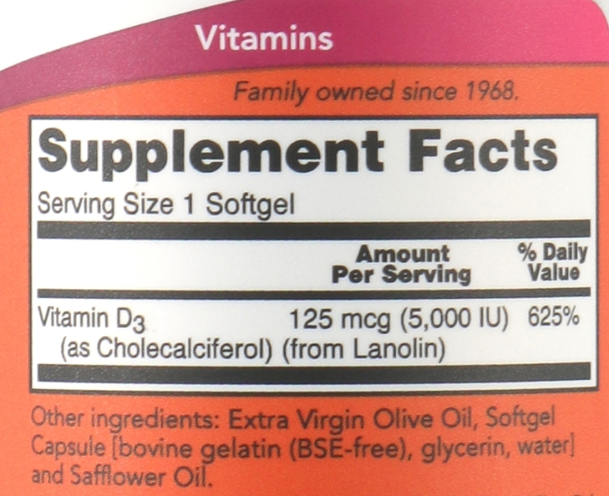 Диетическая добавка "Витамин Д-3" - Now Foods Vitamin D-3 5000 IU Structural Support — фото N3