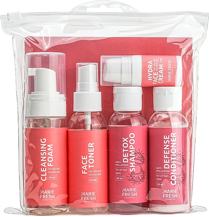 Дорожный набор для сухой и нормальной кожи - Marie Fresh Cosmetics Travel Set For Dry Skin (f/foam/50ml + f/ton/50ml + h/shm/50ml + h/cond/50ml + f/cr/5ml)