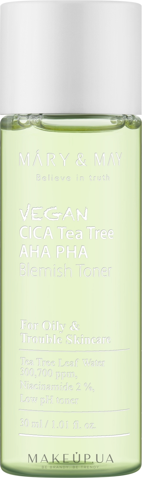 Тонер із центелою азіатською та чайним деревом - Mary & May Vegan Cica Tea Tree AHA PHA Toner (міні) — фото 30ml