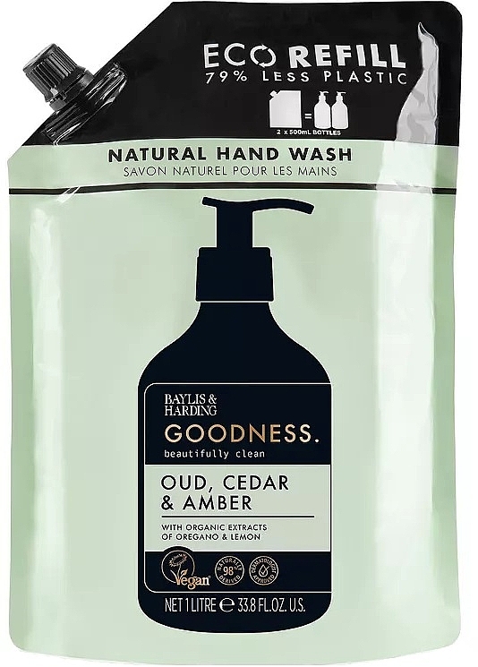 Жидкое мыло для рук - Baylis & Harding Goodness Oud, Cedar & Amber Natutal Hand Wash Refill — фото N1