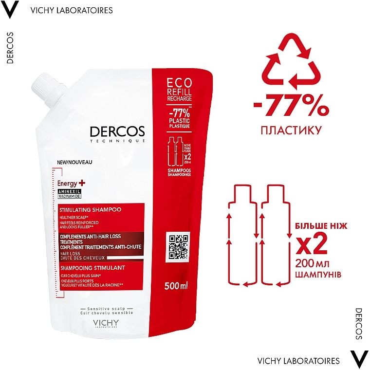 Тонізувальний шампунь для боротьби з випаданням волосся - Vichy Dercos Energy+ Stimulating Shampoo (змінний блок) — фото N3