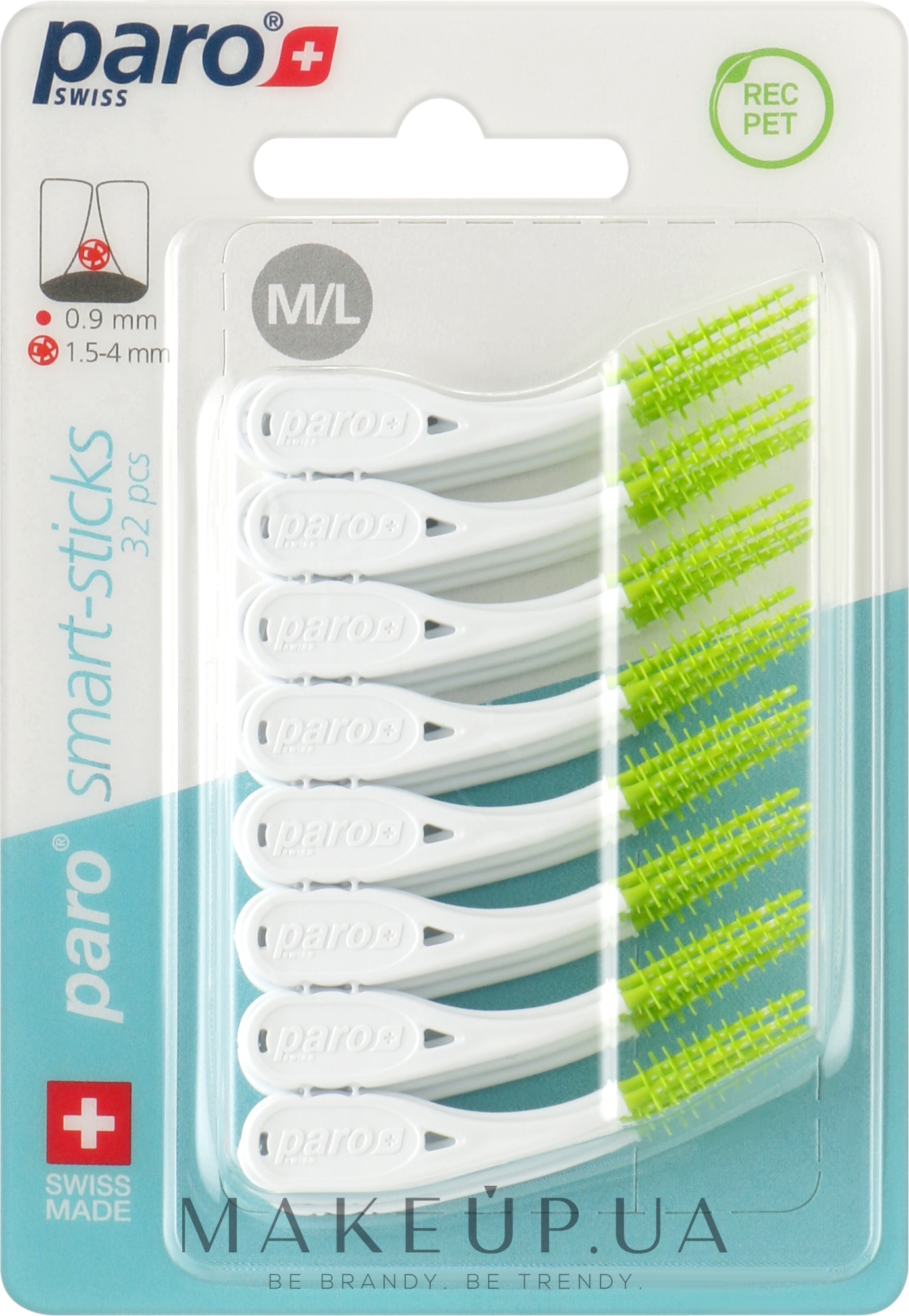 Безметалеві міжзубні щітки, розмір M/L, 1.5/3.8 мм, зелені - Paro Swiss Smart-Sticks — фото 32шт