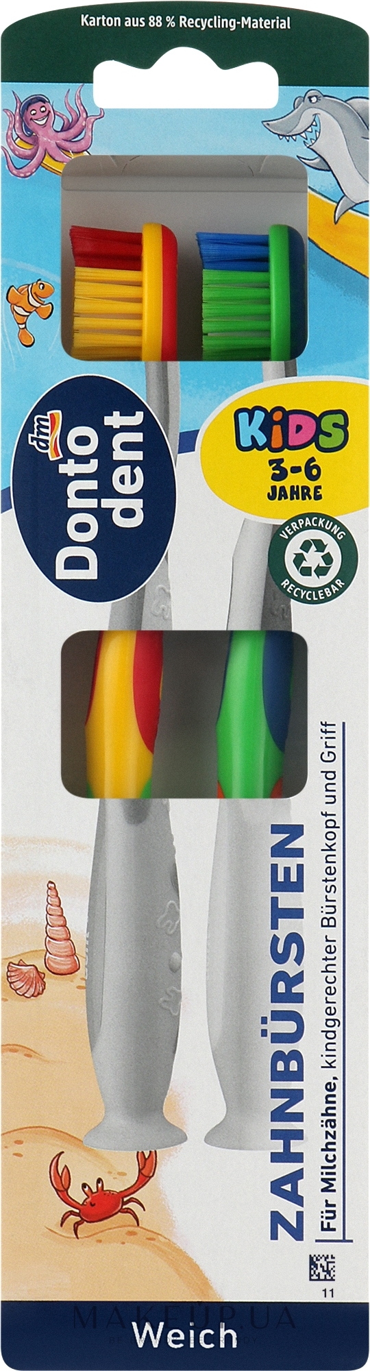 Дитячі зубні щітки, 2 шт., синьо-зелена + червоно-жовта - Dontodent Kids — фото 2шт