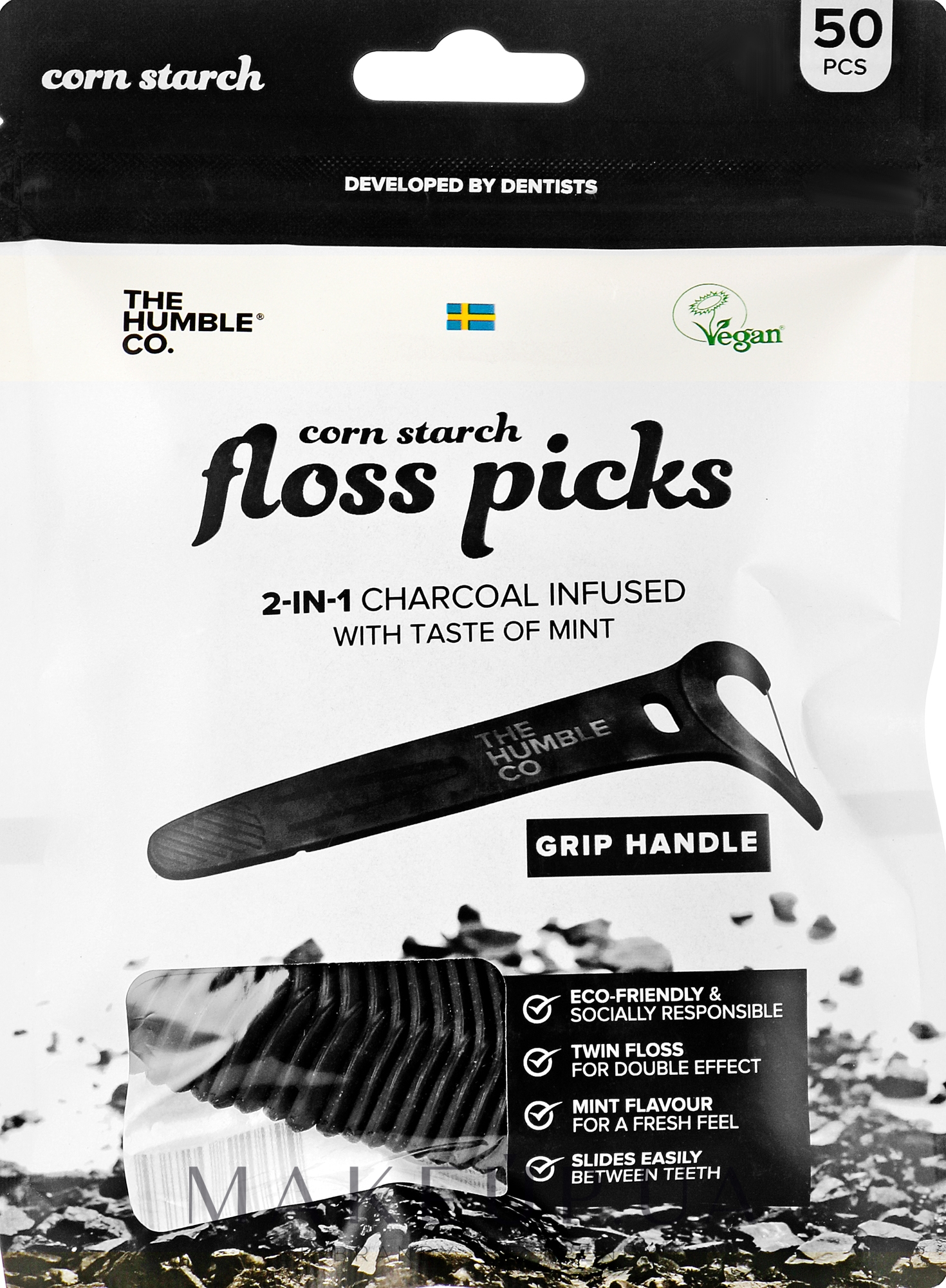Флос-зубочистки з кукурудзяного крохмалю «Освіжальна м'ята + активоване вугілля» - The Humble Co. Floss Picks — фото 50шт