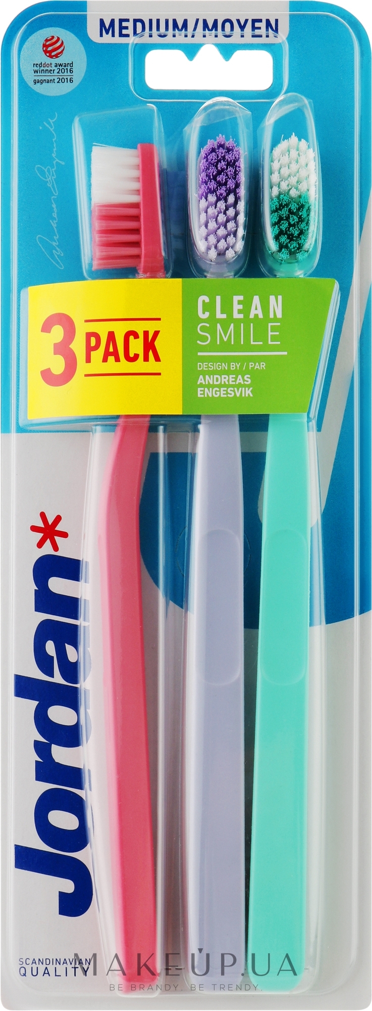 Зубная щетка, средняя, бирюзовая + сиреневая + розовая - Jordan Clean Smile Medium — фото 3шт
