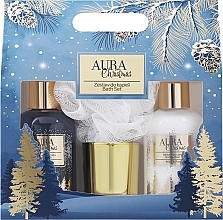 Набор - Aura Cosmetics Christmas Bath Set (body wash/180ml + b/lot/180ml + candle/1pc + b/sponge/1pc) — фото N1