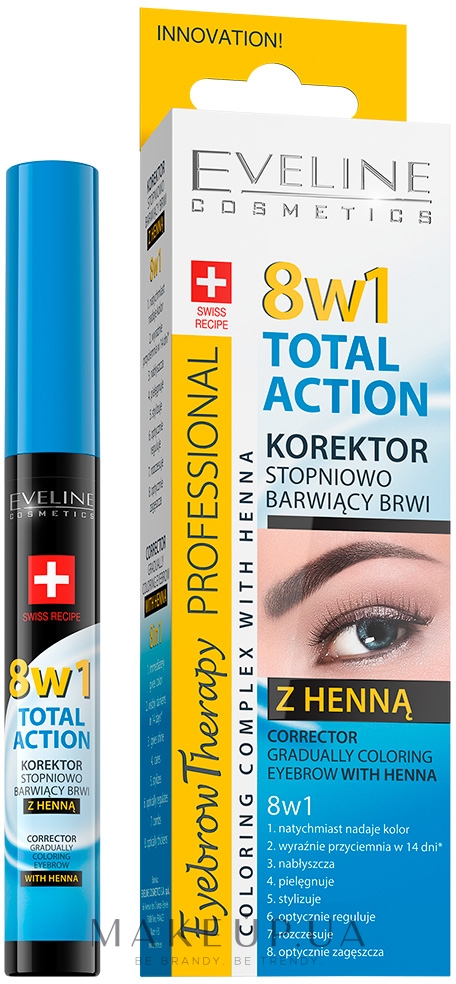 Коректор з ефектом фарбування для брів - Eveline Cosmetics 8in1 Total Action Eyebrow Corrector With Henna — фото 10ml