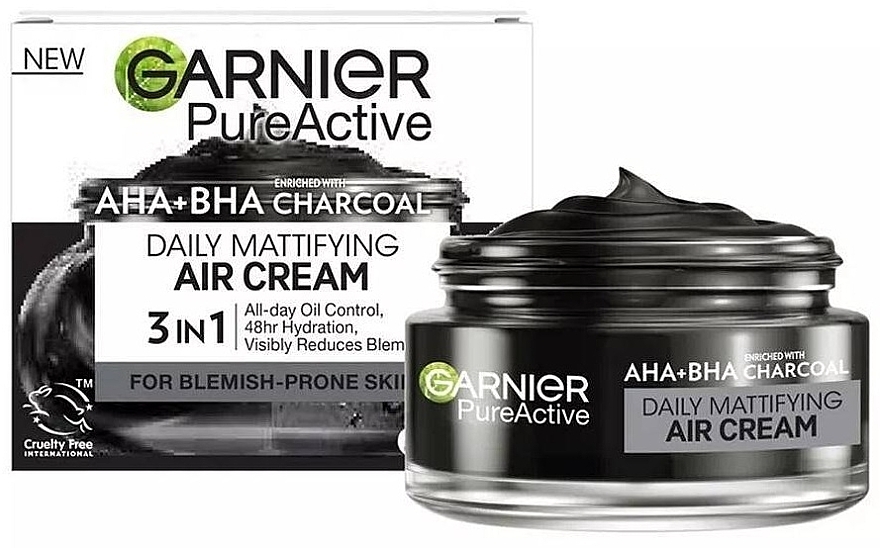 Увлажняющий легкий крем с AHA-BHA кислотами и углем, для придания матовости коже лица - Garnier Pure Active Daily Mattifying Air Cream
