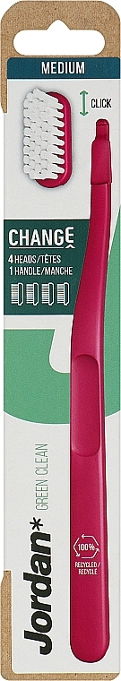 Зубная щетка с 4 сменными головками, средней жесткости, красная - Jordan Change Green Clean — фото N1