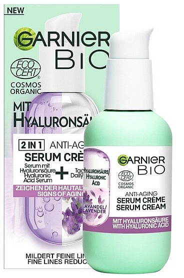 Антивозрастная крем-сыворотка для лица с гиалуроновой кислотой - Garnier Bio 2in1 Anti-Age Serum Cream With Hyaluronic Acid — фото N1
