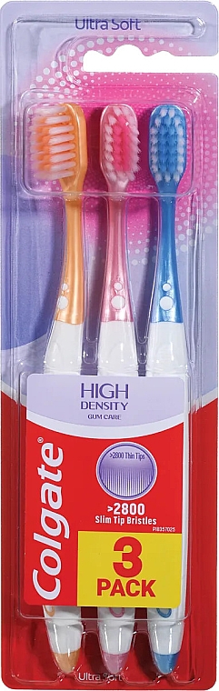 Набор зубных щеток, ультра-мягкие, розовая + желтая + голубая - Colgate High Density Gum Care — фото N1