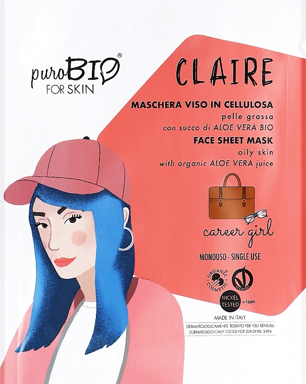 Тканинна маска для обличчя для жирної шкіри "Кар'єристка" - PuroBio Cosmetics Claire Face Sheet Mask For Oily Skin Career Girl — фото N1