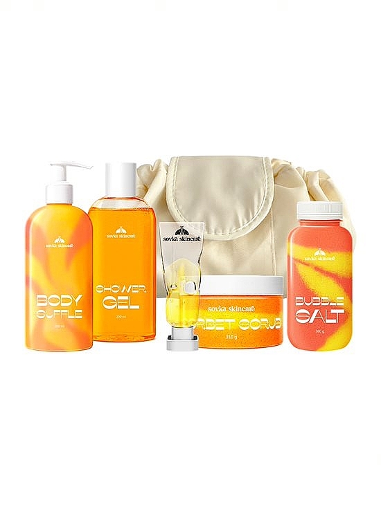 Набор "Mango Mood" - Sovka Skincare (scr/310g + sh/gel/200ml + salt/100g + b/suffle/200ml + oil/5ml + bag/1pcs) — фото N1