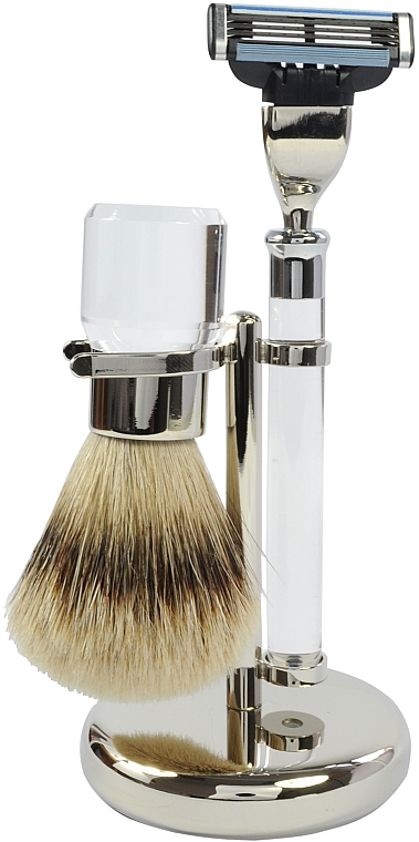 Набор для бритья - Golddachs Silver Tip Badger, Mach3 Metal Chrome Acrylic Silver (sh/brush + razor + stand) — фото N1