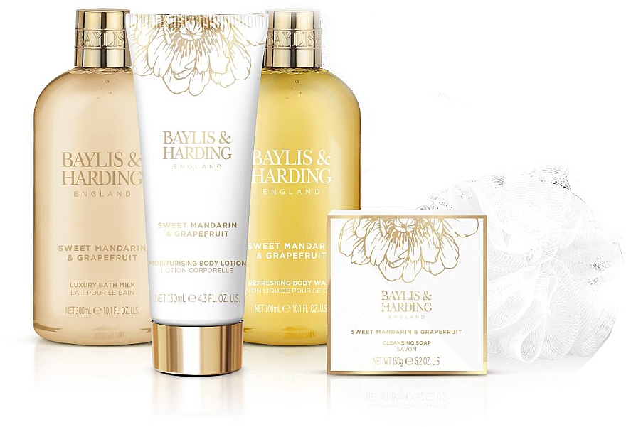 Набор - Baylis & Harding Sweet Mandarin & Grapefruit (sh/gel/300ml + b/milk/300ml + b/lot/130ml + soap/150g + sponge + bag) — фото N3