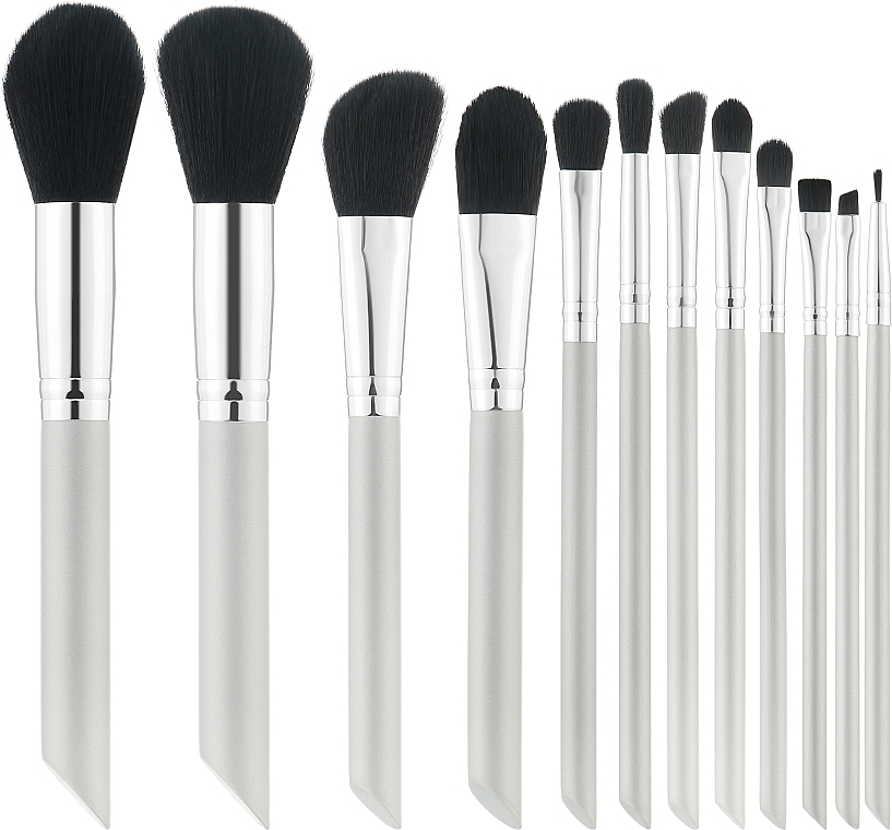 Набір професійних пензлів для макіяжу, 12 шт., срібні з чорним - Tools For Beauty