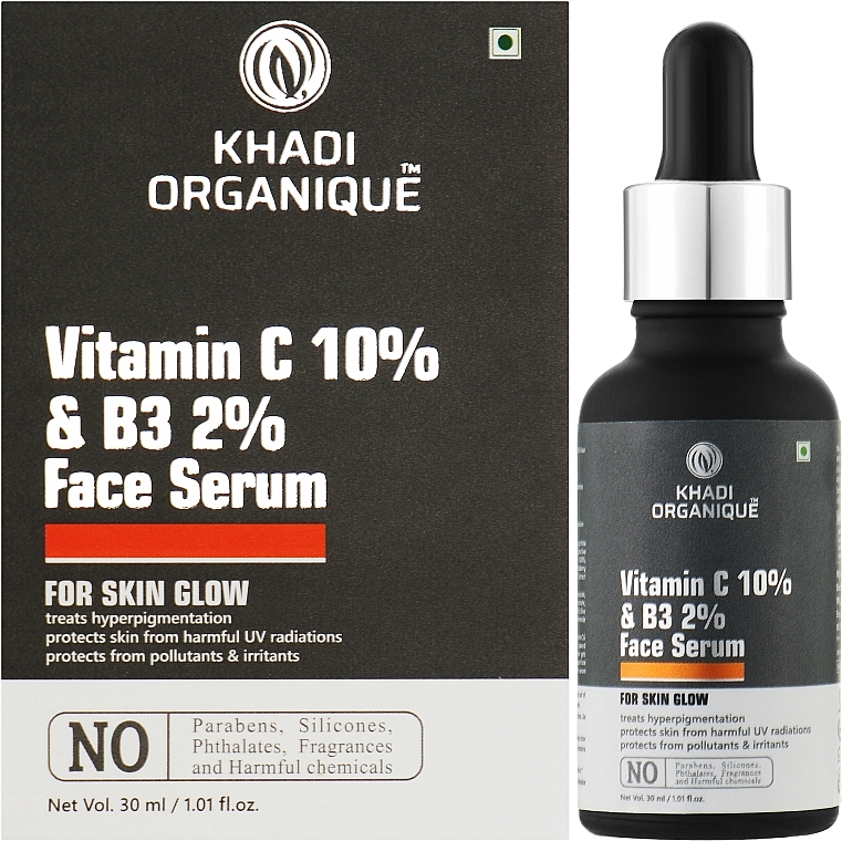 Омолоджувальна сироватка для обличчя "Вітамін С + В3" від зморщок та пігментації - Khadi Organique Face Serum Vitamin C (Ethyl Ascorbic Acid) 10% + B3 Face Serum Youthful Glow — фото N2