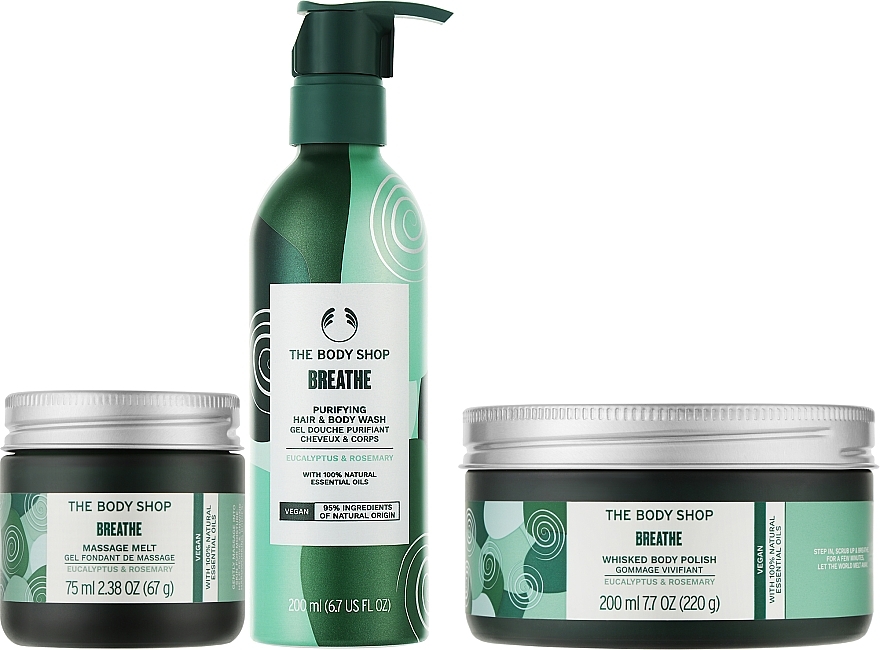 Набор - The Body Shop Purify & Relax Breathe Routine Gift Christmas Gift Set (wash/200ml + polish/200ml + oil/75ml) — фото N2