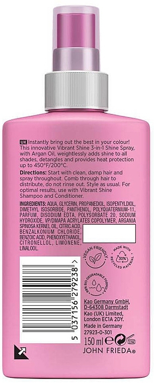 Спрей для блеска волос 3 в 1 - John Frieda Vibrant Shine 3-in-1 Shine Spray — фото N2