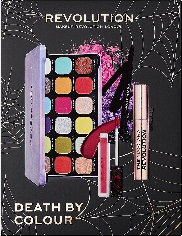 Набір - Makeup Revolution Death By Colour Set (mascara/12ml + eye/shadow/18x1.1g + lipstick/2.2g + eye/liner/1ml) — фото N1