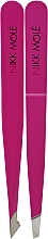 Парфумерія, косметика Nikk Mole - Набір з двох пурпурових пінцетів для брів у чохлі
