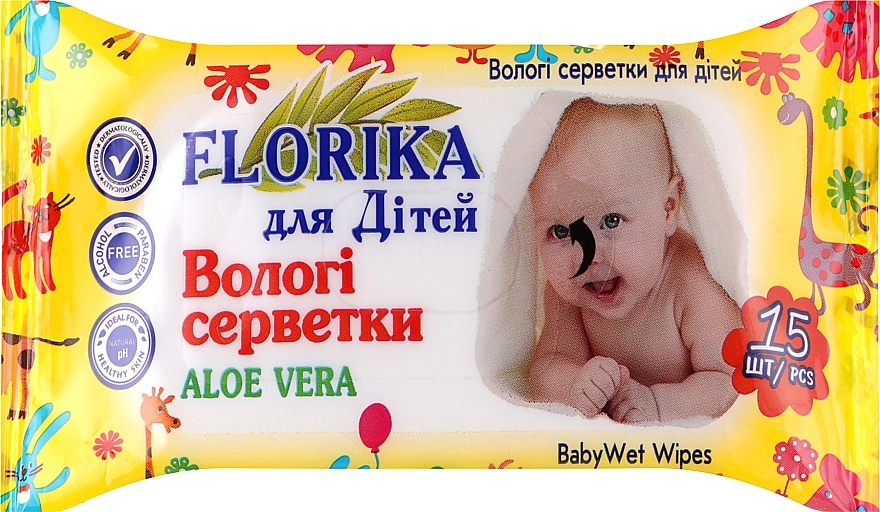 Вологі серветки для дітей "Алое вера", 15 шт., жовті - Florika Baby Wet Wipes Aloe Vera — фото N1