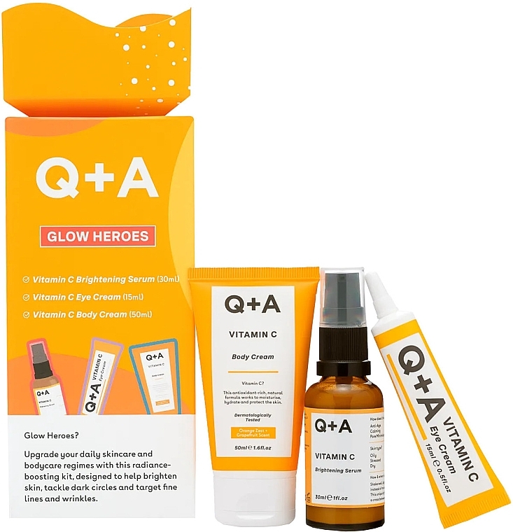 Набір для сяяння шкіри - Q+A Glow Heroes Gift Set (f/ser/30ml+eye/cr/15ml+b/cr/50ml) — фото N1