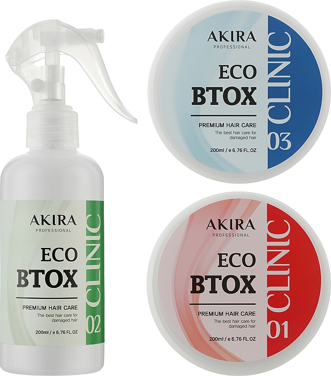 Набір - Akira Eco Btox Hair Clinic 01 ,02, 03 (h/mask/2*1000ml + h/spray/200ml) — фото N1