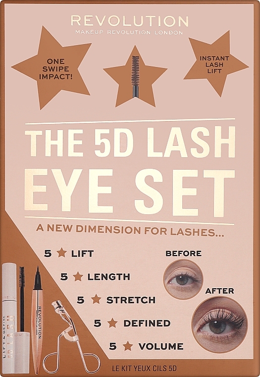 Набор - Makeup Revolution 5D Lash Eye Gift Set (eyelash curler/1pc + mascara/14ml + eyeliner/0.8ml) — фото N1