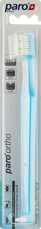 Зубная щетка ортодонтическая с монопучковой насадкой, мягкая, голубая - Paro Swiss Ortho Brush — фото N1