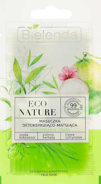 Маска для матирования и детоксикации комбинированной и жирной кожи лица - Bielenda Eco Nature Coconut Water, Green Tea и Lemongrass
