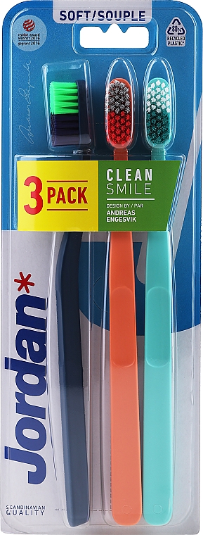Зубная щетка мягкая, бирюзовая, оранжевая, темно-синяя - Jordan Clean Smile Soft — фото N1