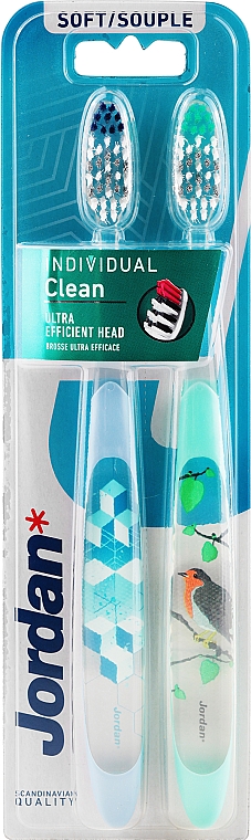 Зубная щетка мягкая, голубая + туркусовая с птицей - Jordan Individual Clean Soft — фото N1
