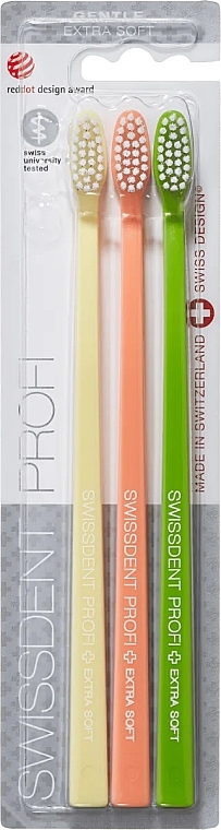 Набор зубных щеток, экстрамягких, желтая + оранжевая + зеленая - Swissdent Profi Gentle Extra Soft — фото N1