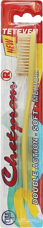 Зубная щетка с натуральной щетиной №52, желтая - Chetprom Double Action Soft Medium — фото N1