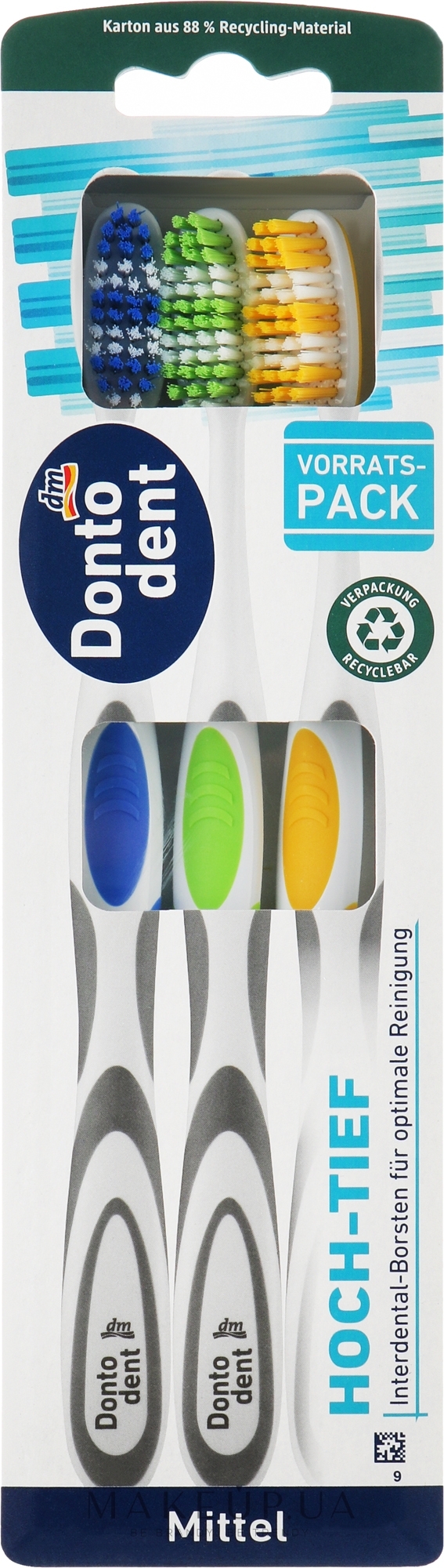 Набір зубних щіток Mittel, жовта, зелена, синя - Dontodent — фото 3шт