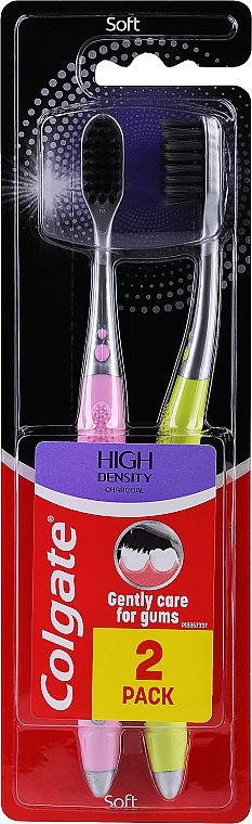 Набор зубных щеток, мягкие, розовая+салатовая - Colgate High Density Charcoal — фото N1