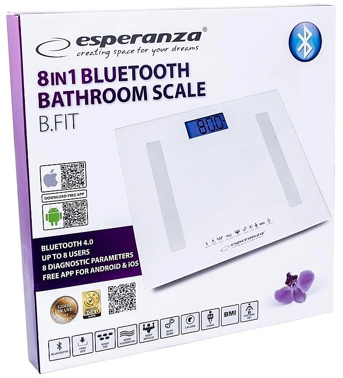 Весы напольные, диагностические, белые - Esperanza 8 In 1 Bluetooth Bathroom Scale B.Fit EBS016W — фото N2