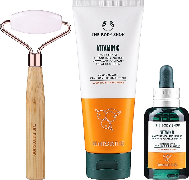 Набор - The Body Shop Glow & Peace Vitamin C Skincare Gift Christmas Gift Set (gel/100ml + ser/30ml + massager/1pc) — фото N2